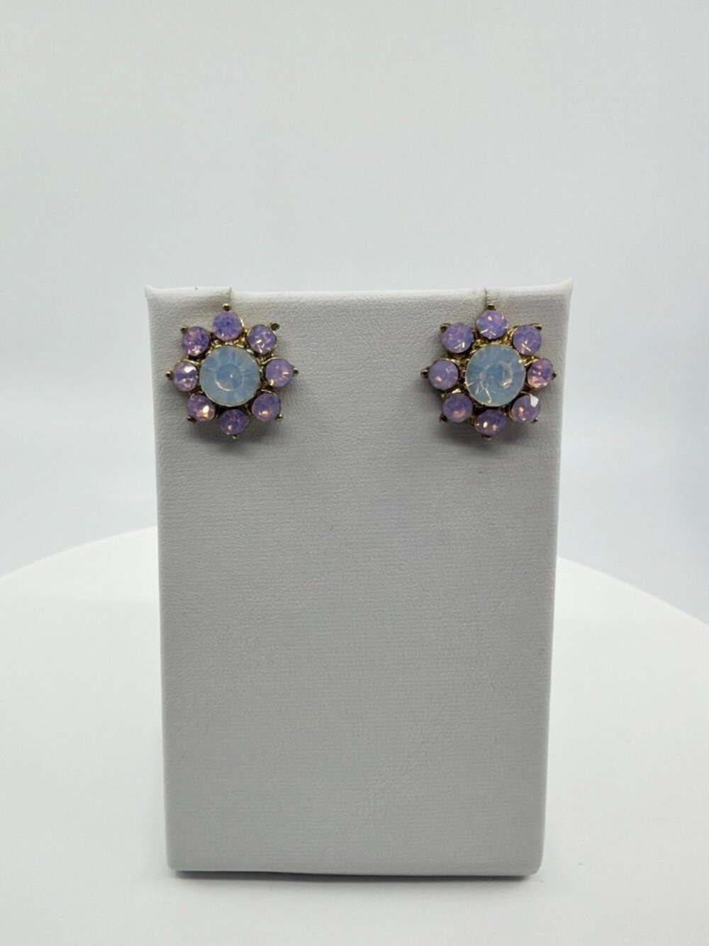 Purple Crystal Flower Stud Earrings Statement Gold Tone Bridal Party Jewelry - Picture 7 of 10